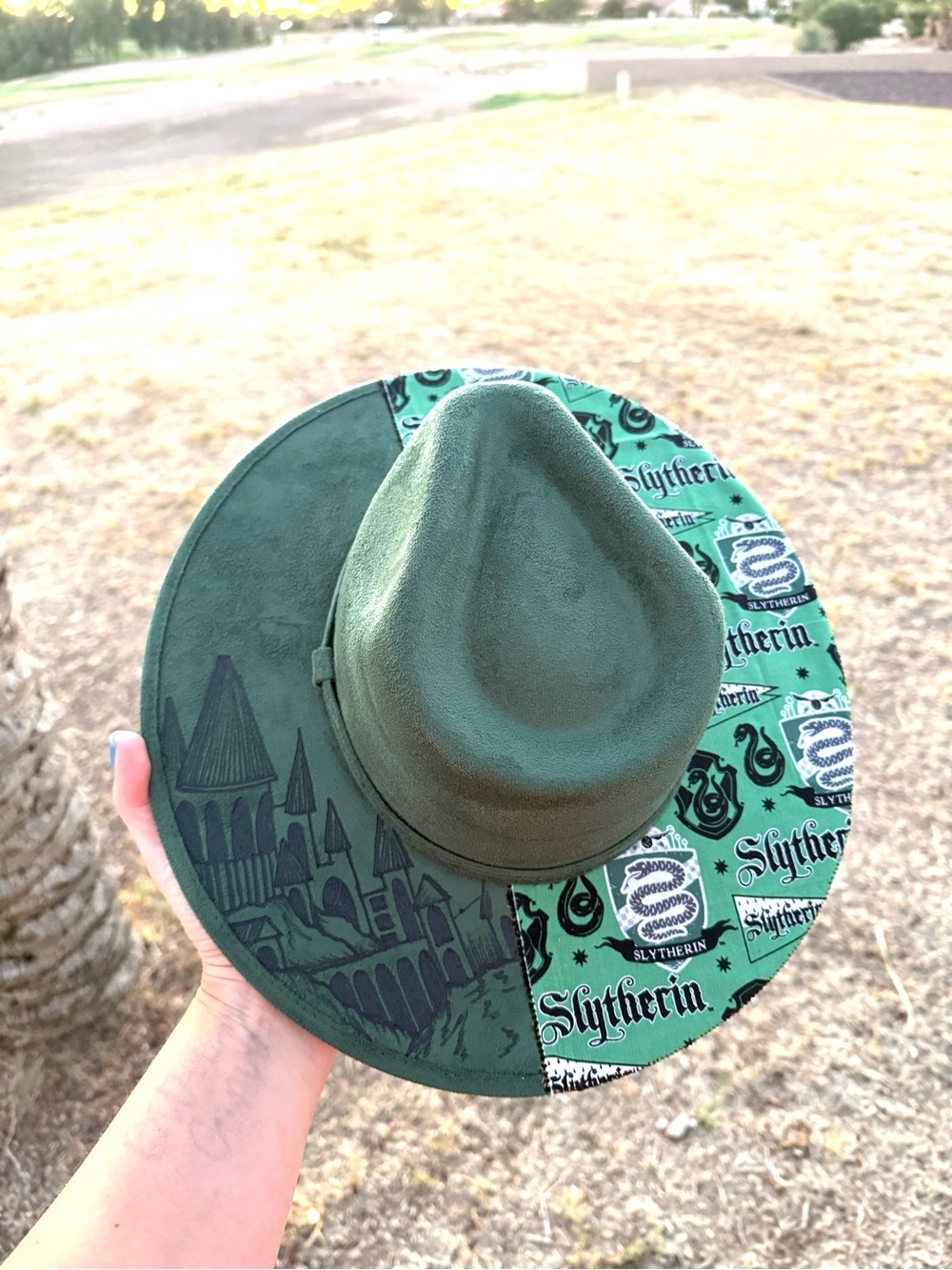 Green Harry Potter rancher hat western cowboy hat hand burned